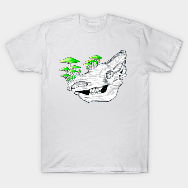 Neon Mushroom Woolly Rhino Skull T-Shirt by Art of V. Cook